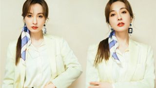  吳昕鵝黃色西裝干練清新 配條紋絲巾溫婉大氣顯法式浪漫