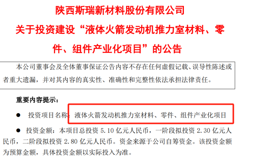 斯瑞新材,5.1,組件,推力,產業化,火箭 斯瑞新材投資5.1億元建設“液體火箭發動機推力室材料、零 件、組件產業化項目”