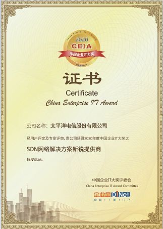太平洋電信 太平洋電信榮獲2020 CEIA“SDN網絡解決方案新銳提供商”